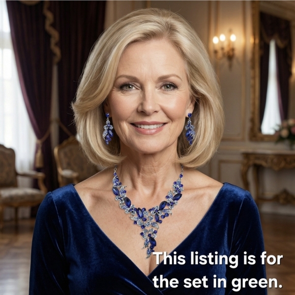 Emerald Green Rhinestone Floral Necklace and Earrings Set - Picture 5 of 10